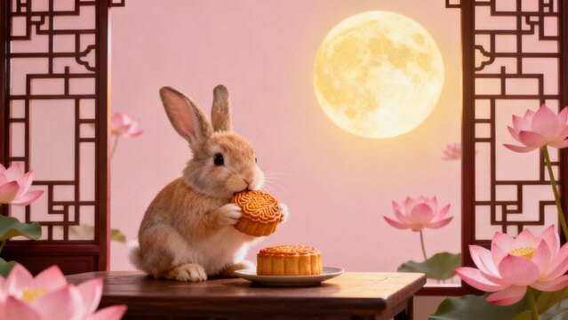 Rabbit eating mooncake by window