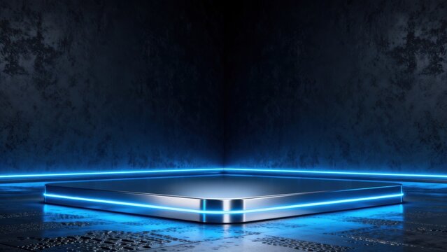 Blue neon illuminated platform in dark room