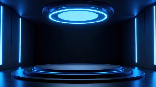 Futuristic neonlit stage with circular platform