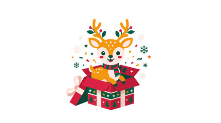 Adorable reindeer fawn inside a Christmas gift box. © Ahmad
