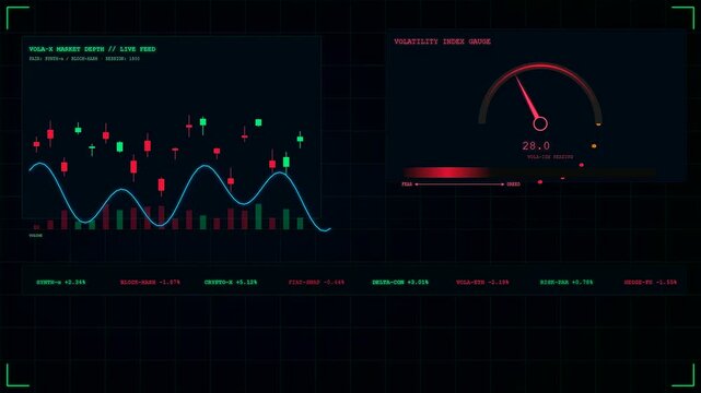 Displaying a market volatility index with dynamic digital gauges and scrolling stock data bars on a dark screen interface for financial tracking and algorithmic trading analysis