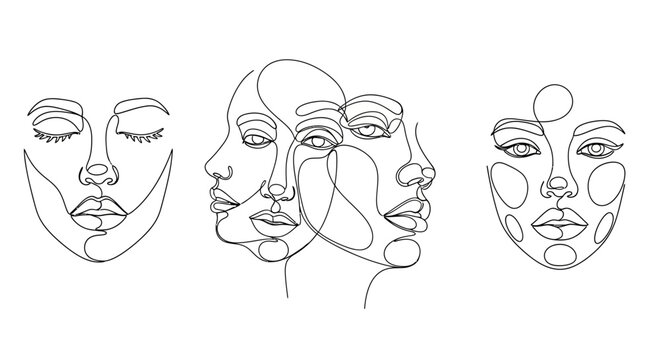 Minimalist face line art, abstract human faces, continuous line drawing, modern illustration set