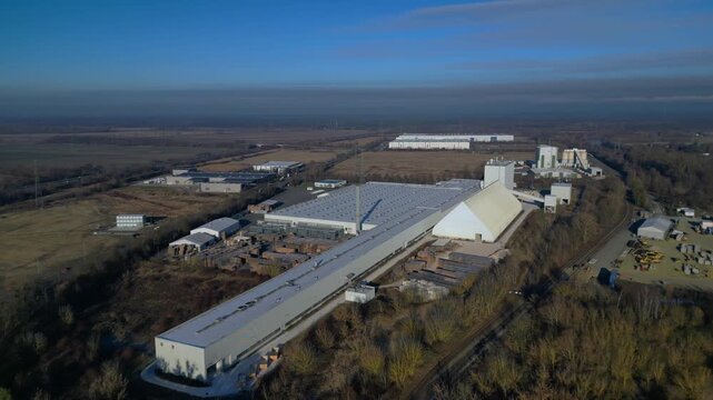 Industrial factory complex production Gipsum drywall. Nice aerial view drone