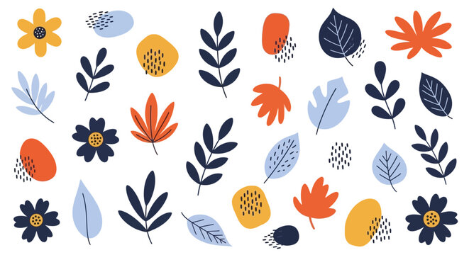 Autumn leaves, flowers, and foliage, colorful vector set, 30 elements, orange, yellow, blue