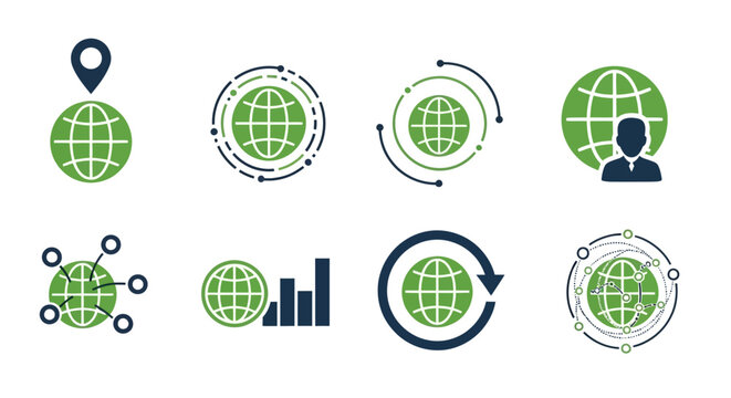 Green Globe Icons, Business, Finance, and Technology Symbols, 8 Vector Elements
