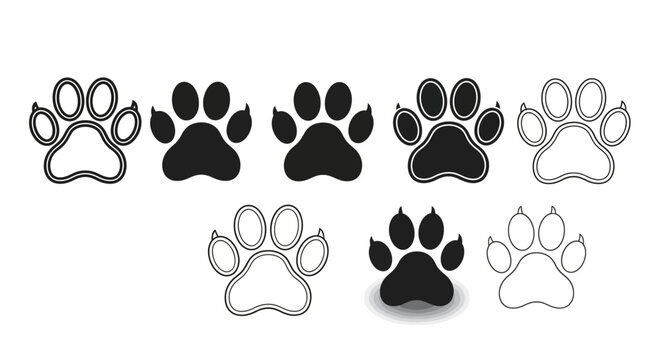 Animal paw prints, black and white icons, pet footprint symbols, vector graphics