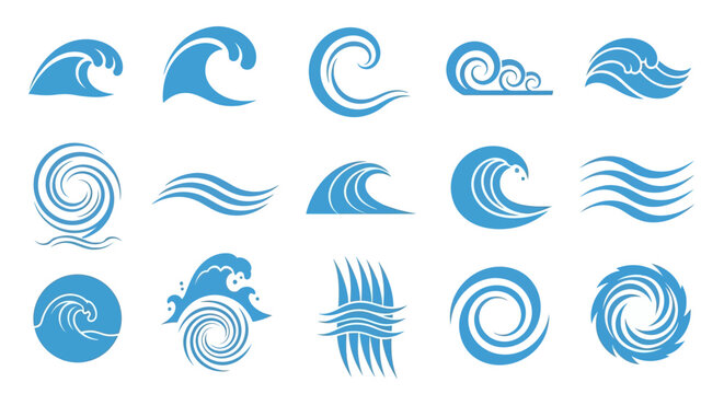 Blue wave icons, ocean swirl symbols, sea graphic elements, 16 wave logo designs