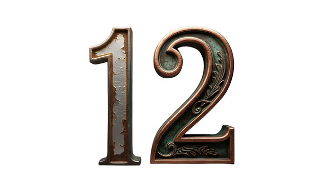 Vintage metal number 12 with ornate filigree, antique bronze and silver numeral twelve, rustic industrial metallic typography on white background