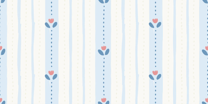 Seamless vertical stripe pattern with small blue tulip flowers
