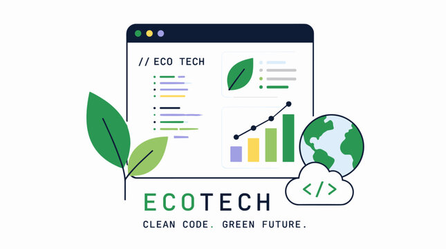 EcoTech concept illustration with leaves globe and charts.