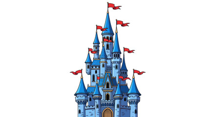Blue castle with multiple spires towers. © noval