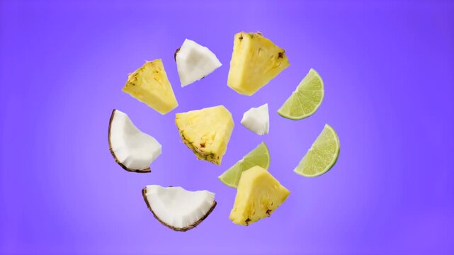 A refreshing 3D food animation of juicy pineapple chunks, fresh coconut pieces, and green lime slices falling continuously against a vivid purple backdrop. This exotic fruit loop is excellently suited