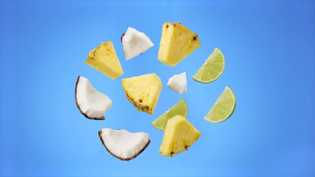A refreshing 3D animation featuring sliced pieces of pineapple, coconut chunks, and lime wedges floating and falling in front of a clean blue sky backdrop. Designed for juice branding, summer cocktail
