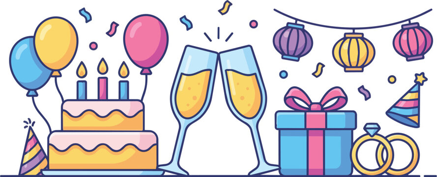 Celebration Party Supplies Vector Set with Birthday Cake, Balloons, Gift Box Champagne Glasses and Festival Decorations Illustration 
