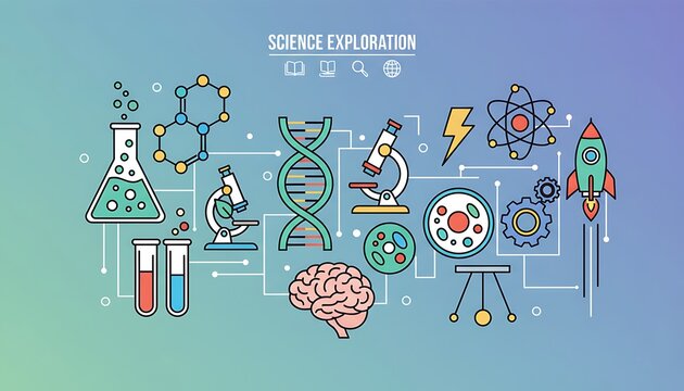 Colorful Science Exploration Illustration with Lab Equipment and Brain