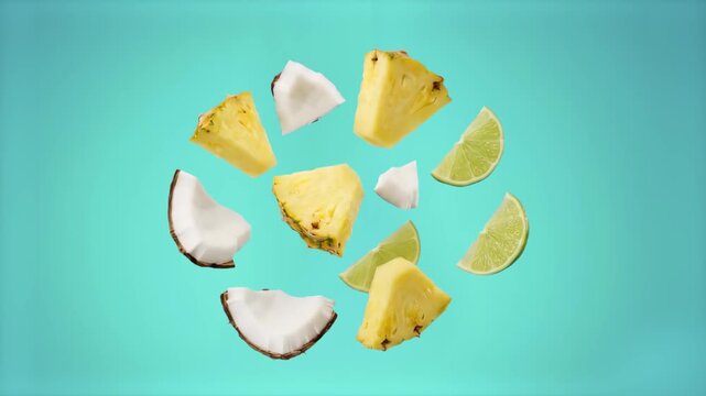 An energetic arrangement of floating tropical fruit chunks including pineapple slices, lime wedges, and coconut pieces exploding against a vibrant turquoise background. Tailored for summer beverage br
