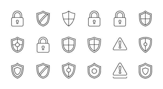 Vector set of minimalist security icons featuring thin black line outline designs of padlocks, various shield shapes, and triangular warning exclamation marks on a white background.