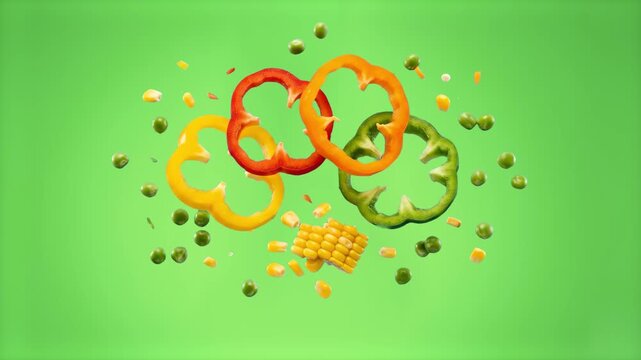 A dynamic 3D food animation showing colorful red, yellow, and green bell pepper rings falling together with corn kernels and green peas. Set on a solid green backdrop, it serves as an eye-catching bac
