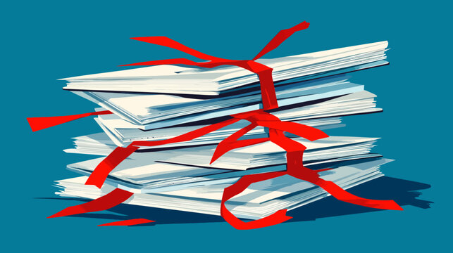 Piles of scattered papers tied with red ribbons on a blue background