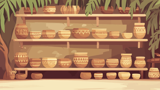Display of traditional clay pots on shelves outdoors under trees