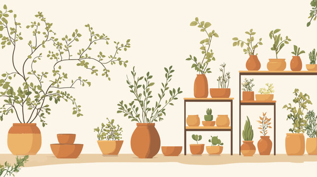 Collection of potted plants arranged on shelves and ground