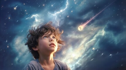 Obraz premium Astonished school-aged boy looking at falling meteor and lightning in night sky. Dreamy fantasy scene of childhood wonder and astronomy.