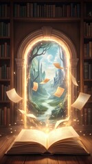 Obraz premium Glowing open book on wooden table revealing a magical portal to a mountain landscape. Fantasy library with flying pages and enchanted gateway.