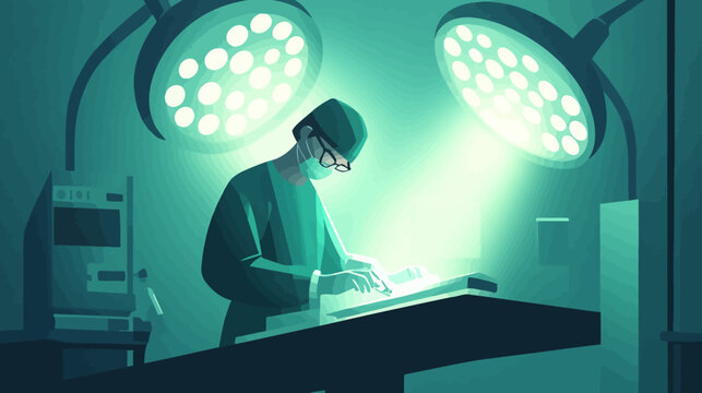 Male surgeon prepares for operation under bright surgical lights