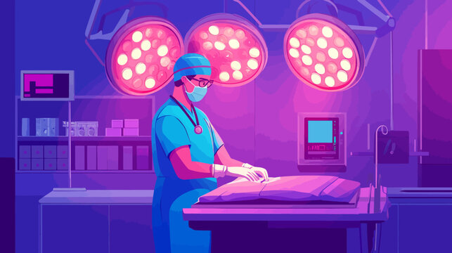 A surgeon prepares for an operation in an illuminated surgical room