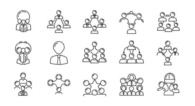 Set of 15 minimalist thin line icons representing business organization, team hierarchy, human resources management, corporate leadership, collaboration, and professional networking.