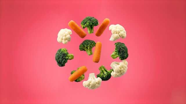 A colorful 3D rendering of orange carrot sticks, green broccoli, and white cauliflower pieces frozen in a circular floating motion against a solid pink studio background. Ideal for modern culinary blo