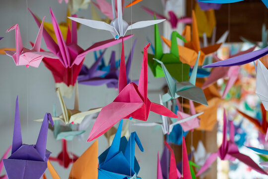 Japanese paper cranes made with origami.