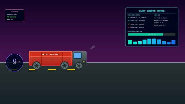 A digital logistics flow visualization displays a red heavy vehicle moving across a dark road under an illuminated interface showing operational data and speed metrics
