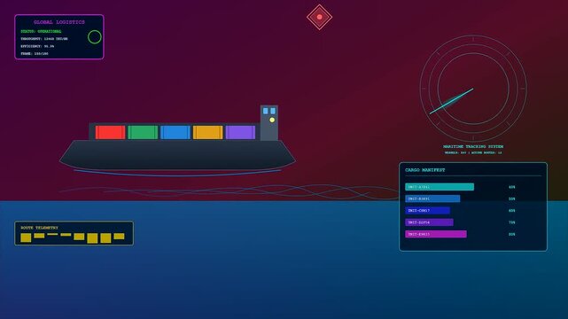 A digital logistics flow visualization rendered as a motion graphic sequence showing cargo ships sailing through distinct color changing ocean environments with real time telemetry