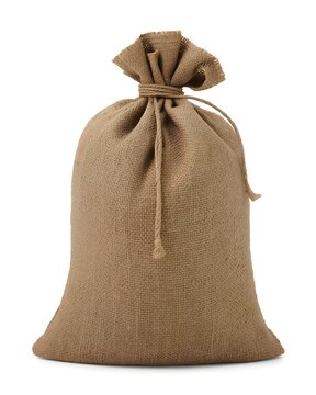 Natural textured burlap sack tied with rustic rope isolated on white background