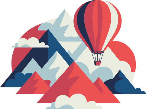 Red hot air balloon over abstract mountains and clouds travel