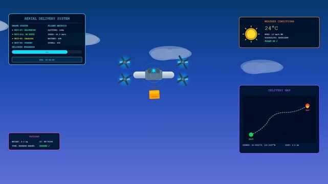 Modern logistics flow visualization showing a digital drone delivery tracking system screen interface with aerial flight metrics and real time map data for supply chain management