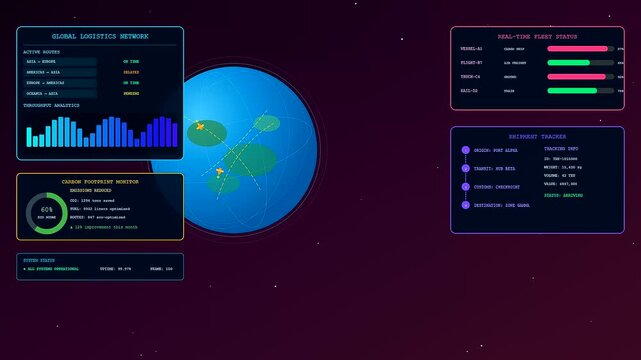 A logistics flow visualization appears within a digital interface featuring orbiting globe models and analytical data graphs designed for complex supply chain tracking across virtual space