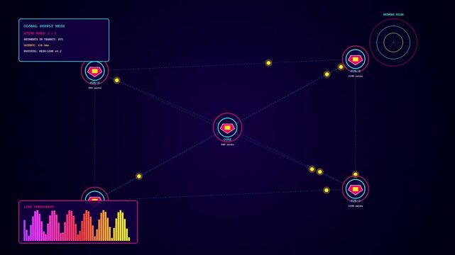 A detailed logistics flow visualization displays animated nodes connected by glowing lines across a dark digital interface screen representing complex supply chain network movement and patterns