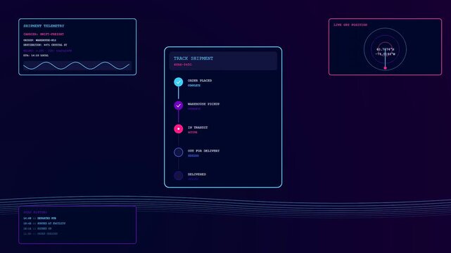 A detailed logistics flow visualization displays status updates for cargo tracking on a dark screen interface with glowing purple and blue neon light elements