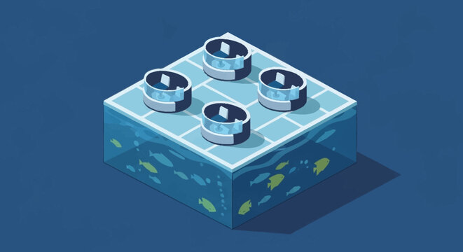 Isometric illustration of a blue Lego brick with aquatic design.