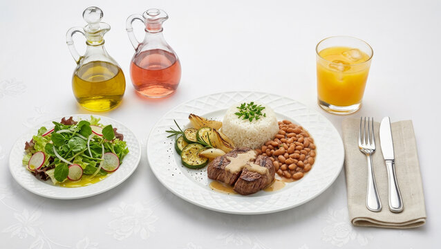 Prato feito brasileiro de fil&eacute; mignon bovino ao molho de lim&atilde;o cremoso com arroz, feij&atilde;o e abobrinha grelhada com alecrim acompanhado de salada de folhas verdes, rabanete e cebola em mesa posta