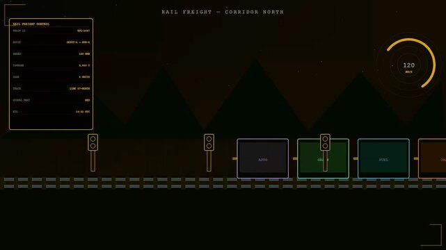 A digital logistics flow visualization interface displays a cargo train moving across a minimalist screen with glowing navigation telemetry and graphical data metrics in motion