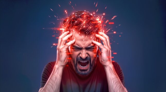 Agonized man clutching head during mental breakdown with glowing red neural network sparks. Concept of severe migraine, psychological distress, and cognitive overload.