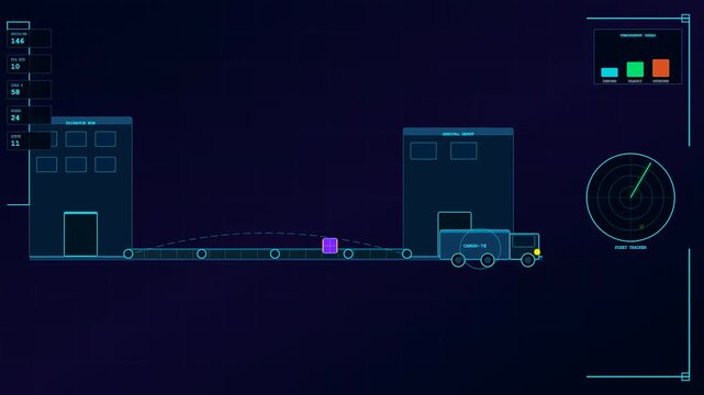 A detailed logistics flow visualization illustrating a delivery truck moving between two industrial buildings with digital metrics displayed on a dark glowing interface screen display