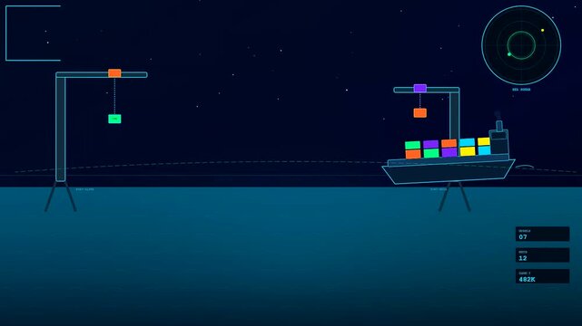 A digital logistics flow visualization rendered as a minimal flat graphic showing container ship loading operations with glowing vibrant cargo crates on a dark ocean night