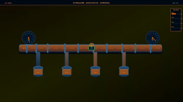 A logistics flow visualization showing digital pipe pressure metrics changing as data fluids move through an industrial interface panel displayed on a dark glowing screen