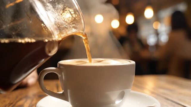 Fresh coffee pouring from a glass carafe into cup.