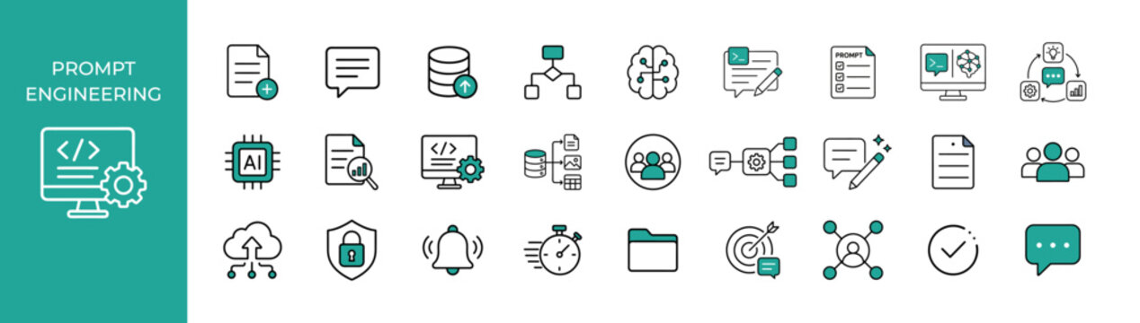 Prompt Engineering Icons Set &ndash; AI Prompt Design, LLM Workflow and Intelligent Automation Line Art Vector Collection