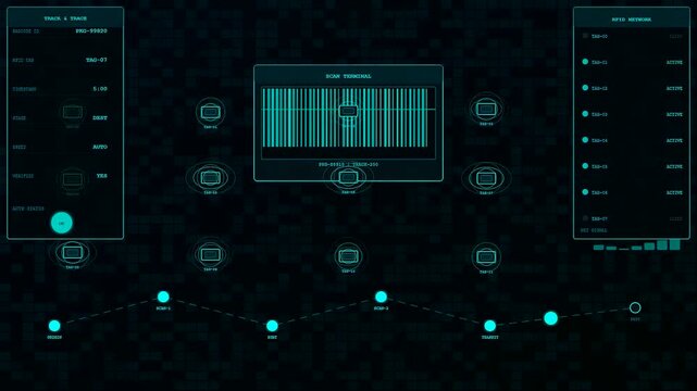 A detailed logistics flow visualization displays tracking data interface screens with glowing neon lines and points connected across a dark grid surface for analytical monitoring purposes